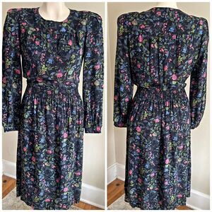 Vintage 90s Taurus II Floral Midi Dress Garden Print Smocked Waist Long Sleeve